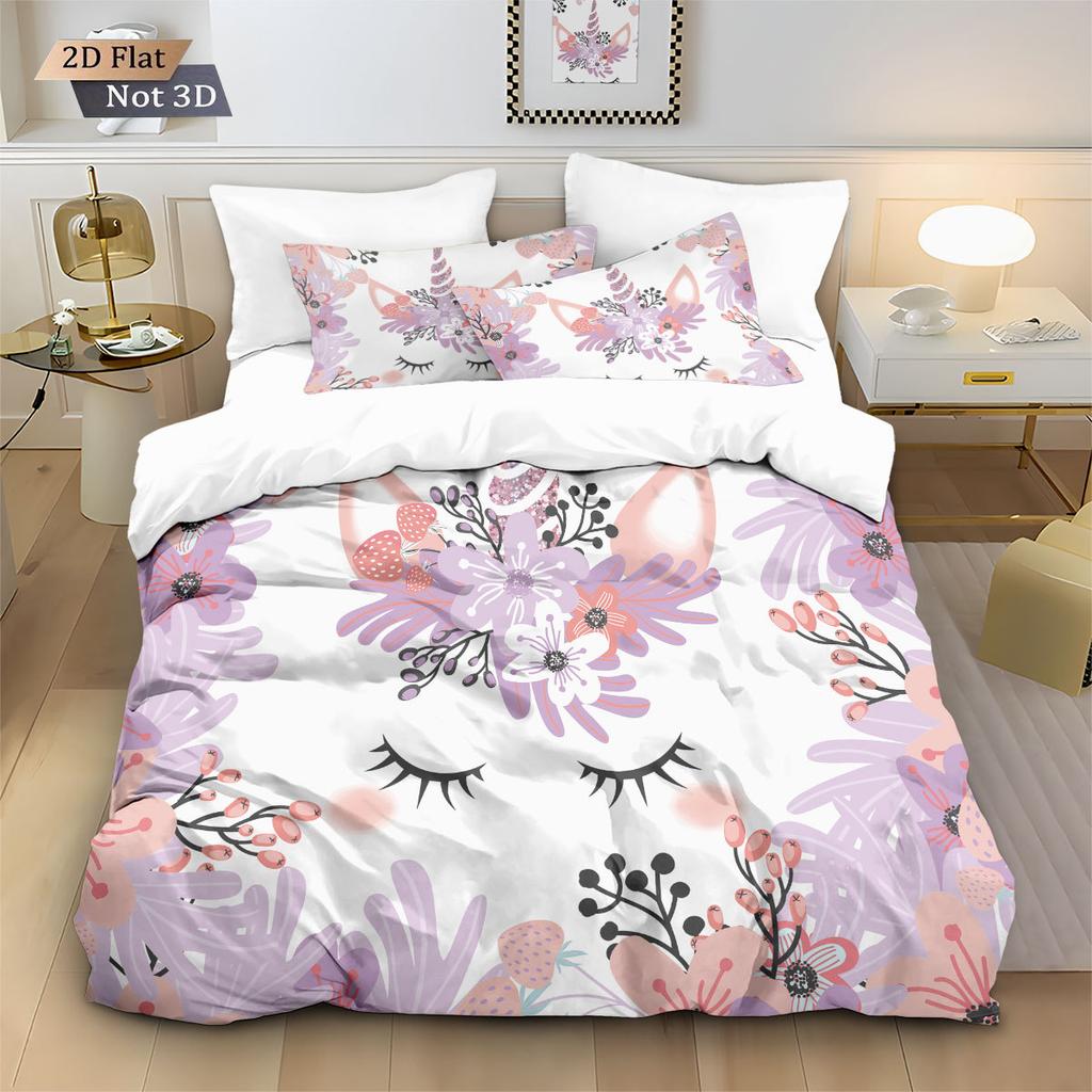 Kids Girls Unicorn Pink 3D Bedding Set Duvet Cover,Cartoon Bedcllothes Animal Printed Queen King Size Home Duvet Cover with Zip