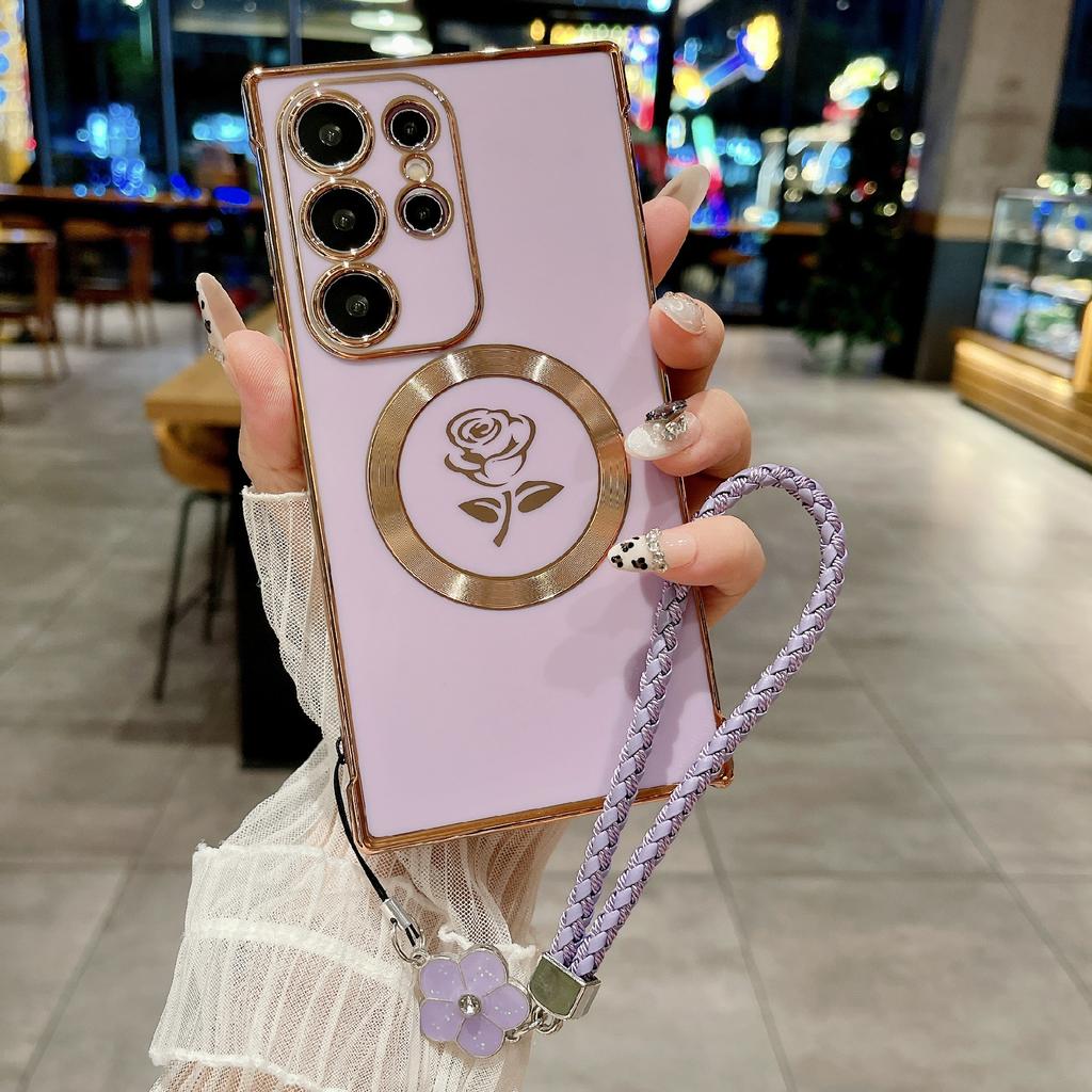 Pro Samsung Galaxy S25 Ultra Magnetické pouzdro s pleteným popruhem Růžový květ Elektroplátovaný TPU kryt na telefon