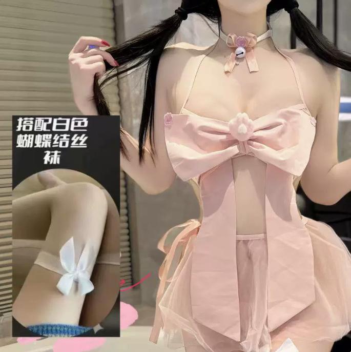 New sex underwear pink bow chest pad three-point pure desire temptation splicing mesh perspective free qqny