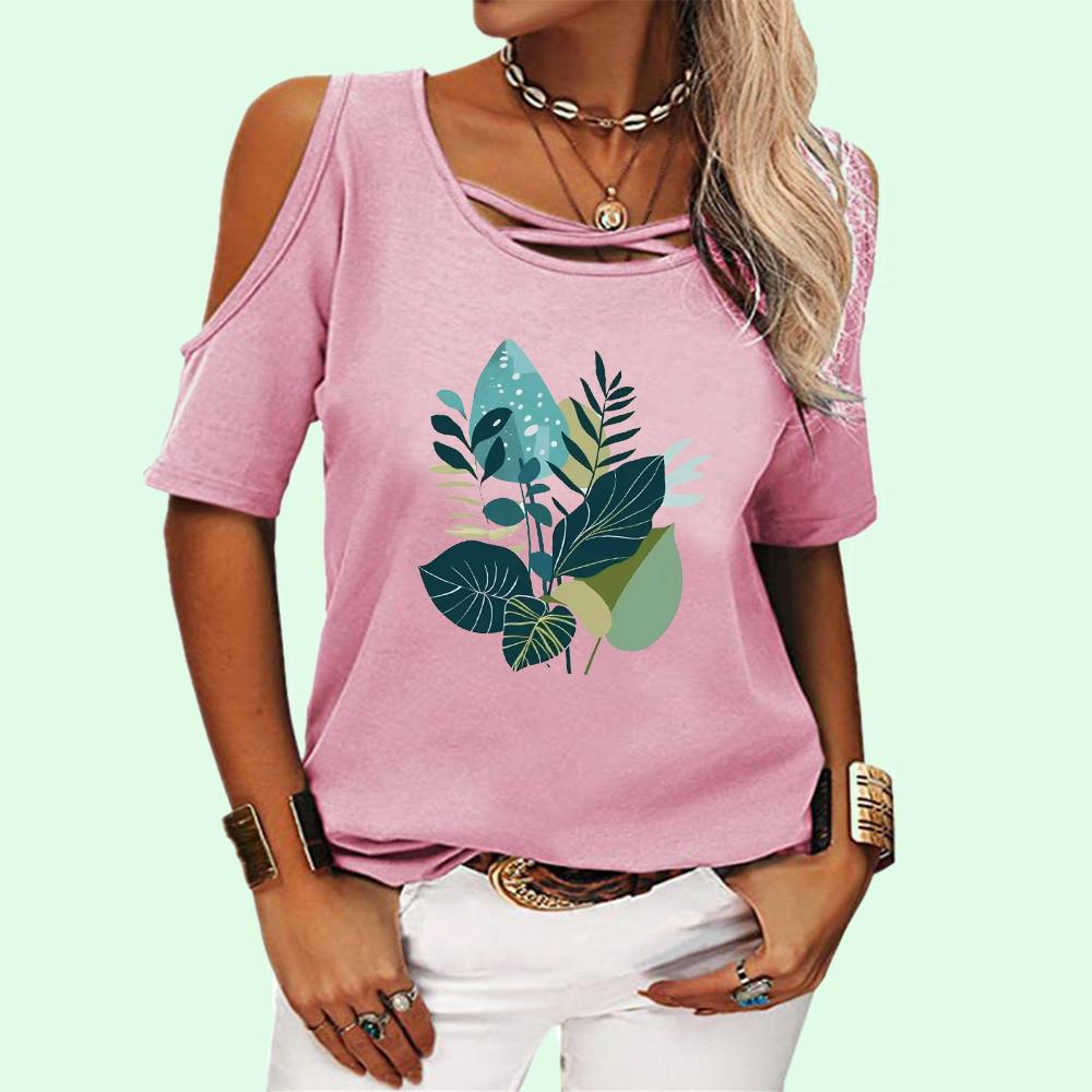 Women Fashion Round Neck Top Summer Off Shoulder Tee Shirt Casual Floral Print Short Sleeve T-shirt