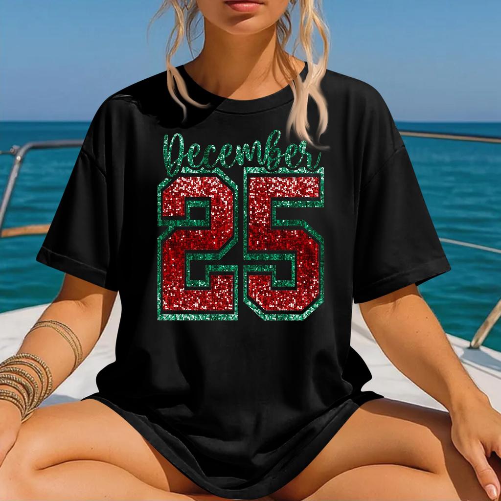 Dame Mote Trykket Rund Hals Kort Ermet T-skjorte Genser Topp