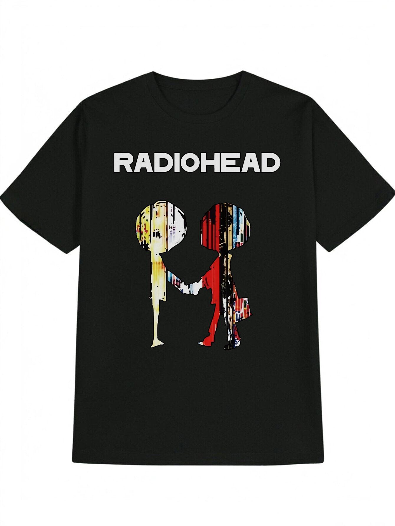 RADIOHEAD Casual Graphic T-shirt - Black Band Tee with Yellow Humanoid Silhouette Print XXXXL