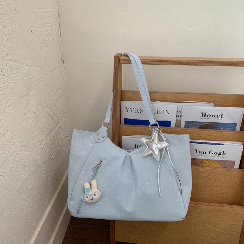 Vintage Frosted Tote Bag Casual Students Purse Large Capacity Shoulder Bag Polka Dot Drawstring Zipper Handbag with Star Pendant