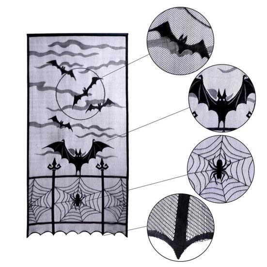 Halloween Tablecloth Decoration Black Lace Table Runner Round Spider Cobweb Table Cover Fireplace Mantel Scarf Lampshade Bat Wall Stickers for