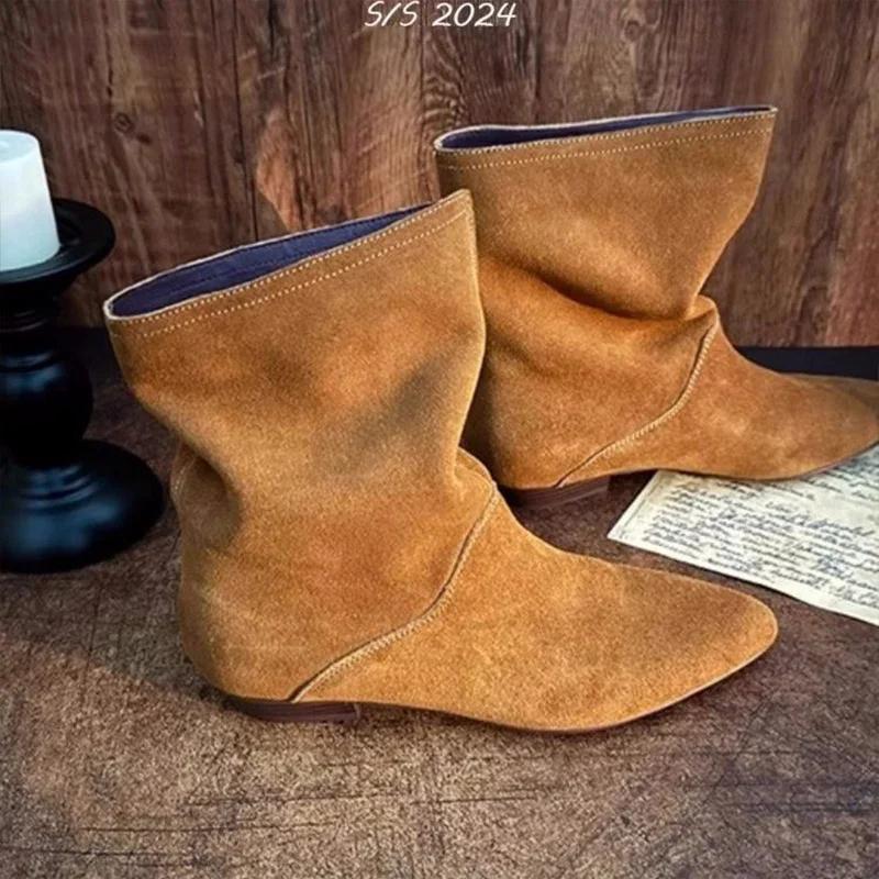 Pointed Toe Ankle Boots Women Flats Suede Shoes Woman Winter 2025 Trend Fashion Goth Retro Gladiator Chelsea Snow Botas De Mujer