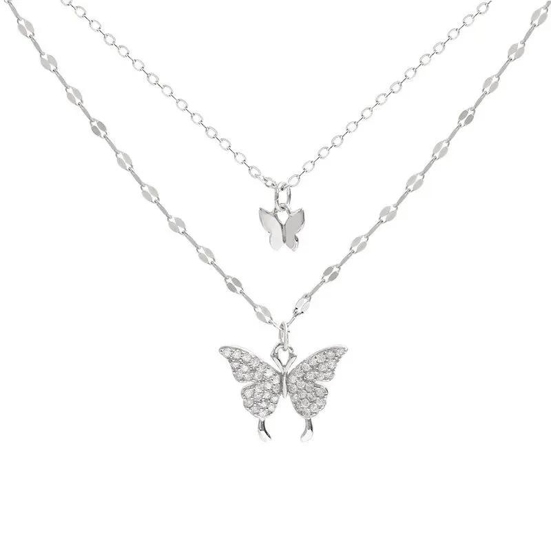 Elegant Necklace For Women Butterfly Necklace Shiny Double Clavicle Chain Pendant Anniversary Gift Jewelry Collares