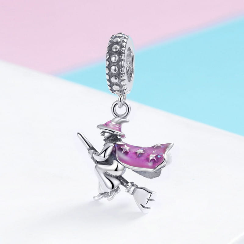 Silver witch on a broom pendant, silver 925 beads