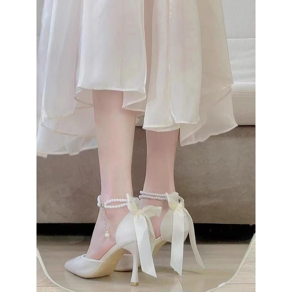 2025 neue koreanische Version Feenstil Schleife Temperament Mode Perle Schnürung spitze hohe Absätze Stilett Sandalen Damen