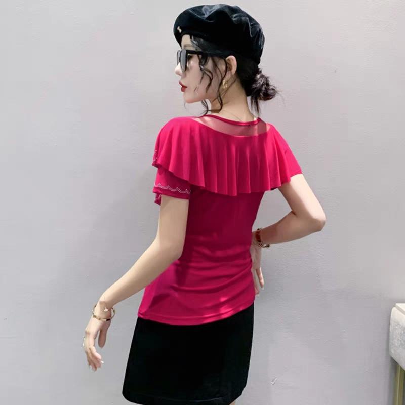 New Chic Summer Elegant Women T-Shirt Clothes Sexy Luxury Shiny Diamonds Tops Short Sleeved Ruffles Mesh Tees Blusas