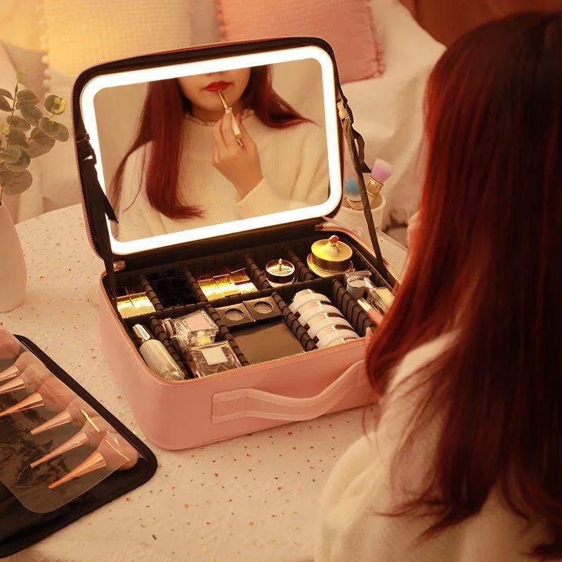 1PC Portable PU Leather Travel Cosmetic Storage Bag LED Mirror Makeup Bag