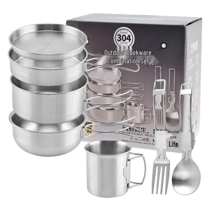 Outdoor Camping Stainless Steel Cookware Set: Portable Sandblasted Cups, Plates, and Pots for Picnics