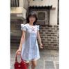 College Style Doll Collar Fluffy Skirt for Women, Small Plaid Lace Splicing Short Skirt, Sweet Little Fly Sleeve Dress for Women
