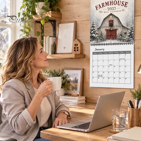 Large Grid Schedule Organizer 2027 Farmhouse Wall Calendar, Vintage Thick Paper Monthly Planner Gift for Cow Lovers 12 Month Hanging Home Organization