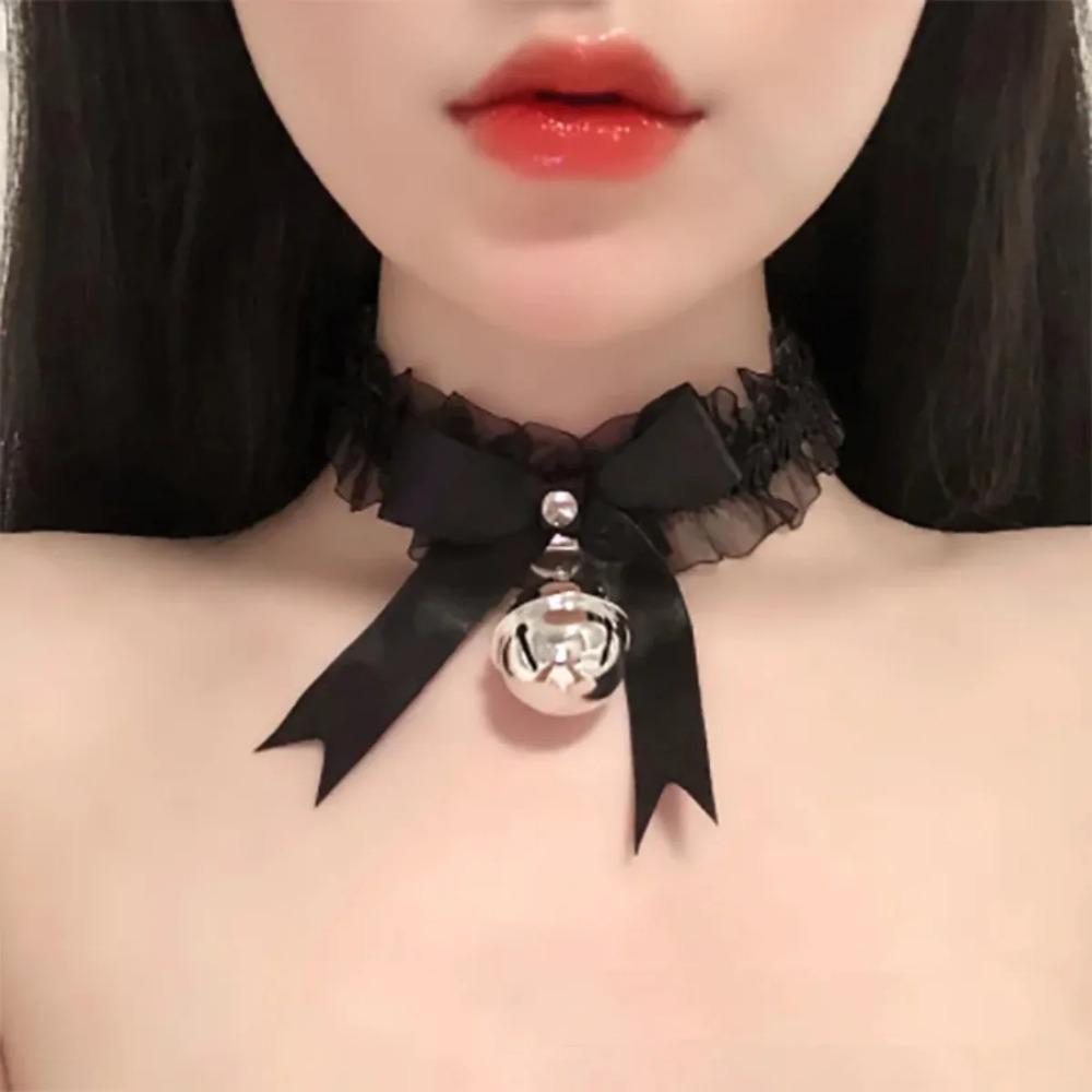 Gothic Lace Bow Bell Pendant Necklace with Butterfly Necklace Cute Collar for Women Fashion Jewelry Accessories Goth Necklace