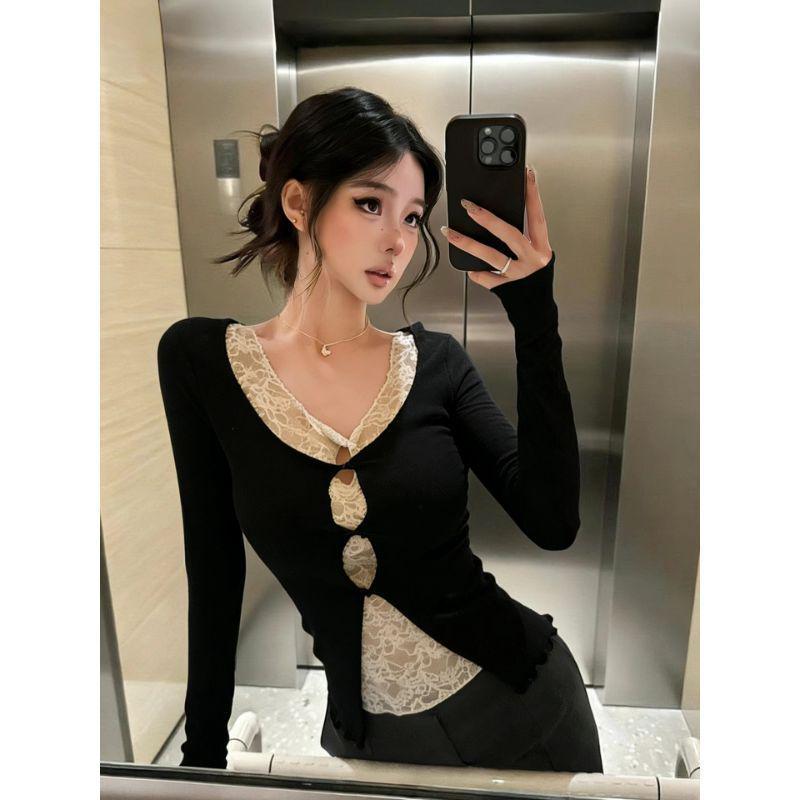 Women s Slim-Fit Lace Spliced Long-Sleeve Faux Two-Piece T-Shirt - Spring Style XL чёрный