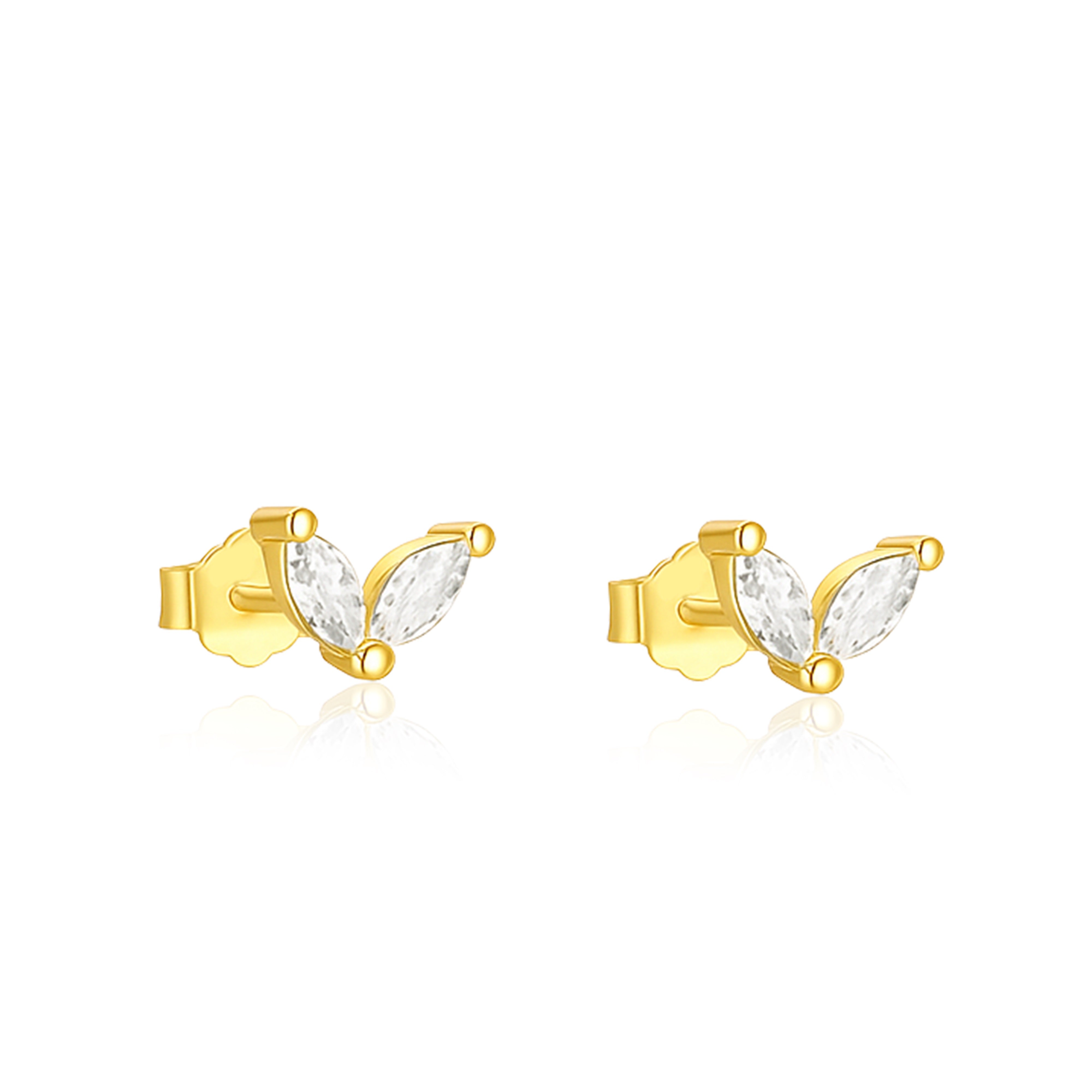 Minimal Double Leaf Stud Earrings - 925 Sterling Silver Yellow Plated