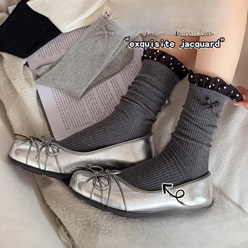 Polka Dot Lace Bow Tie Women's Mid-calf Socks Spring and Autumn Edition Ballet-style Girls' Long Calf Socks