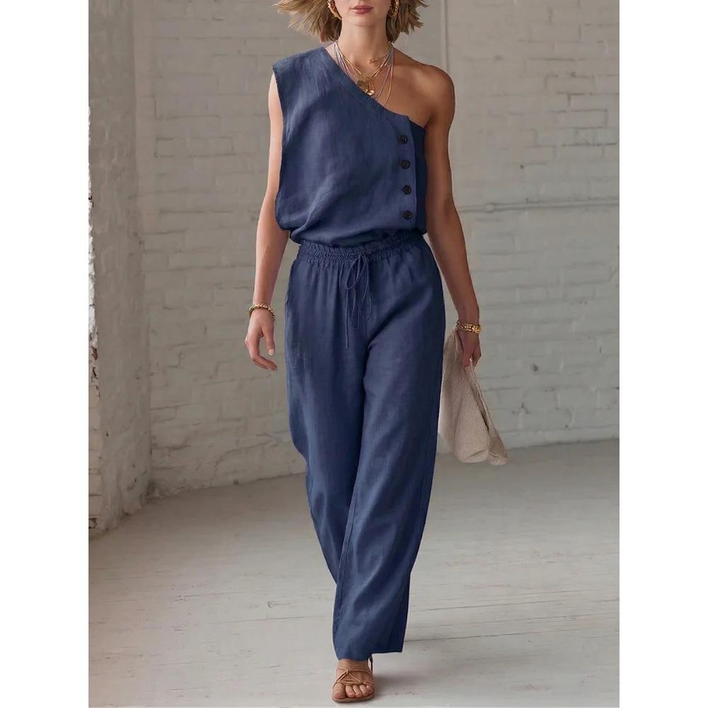 Women's Loose Fit Two Piece Pant Suit One Shoulder Sleeveless Button Detail Solid Wide Leg Long Pant Matching Outfit