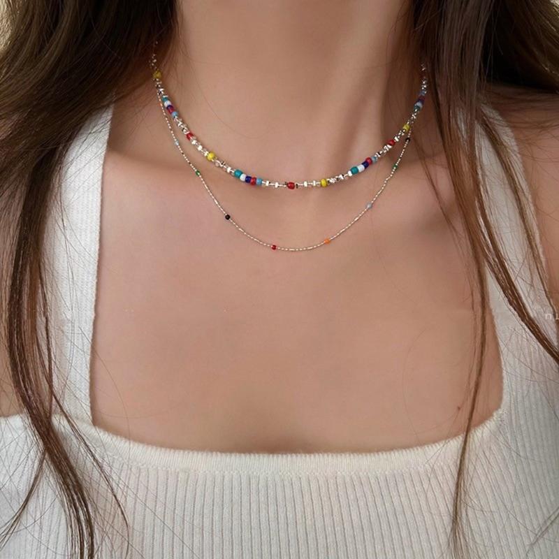 Layer Multicolor Beaded Chokers Necklace With Silver Accent for Dopamine Dressing and Everyday Stylish Accessories