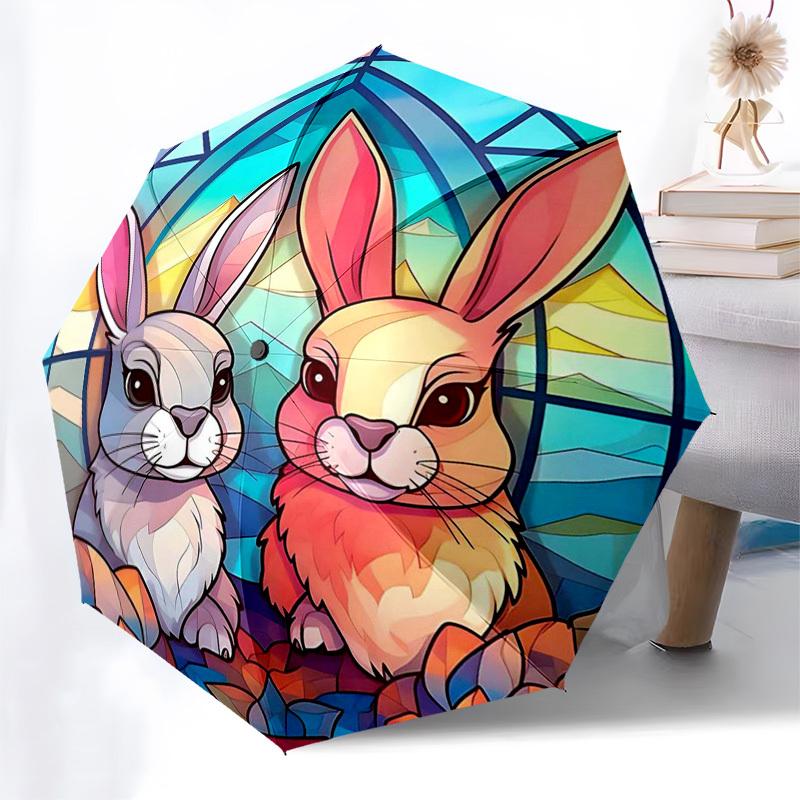 

1pc Stained Glass Rabbit Design Automatic Folding Umbrella - Portable 3-Fold Design with 8-Bone Iron Frame, Perfect for Outdoor Use, Festive Gifts, Tr