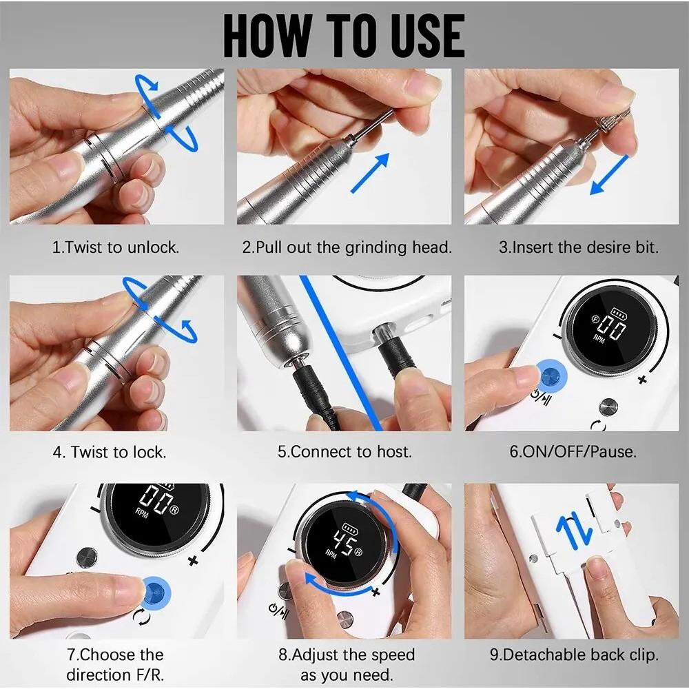 45000RPM Salon Nails Accessories LCD Display Electric Nail Drill Machine Rechargeable Nail File Gel Nail Polish Sander