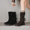 Krazing Pot Cow Suede Nubuck Winter Round Toe Modern Boots Med Heels Slip on Pleated Style Metal Buckle Mid-calf Boots