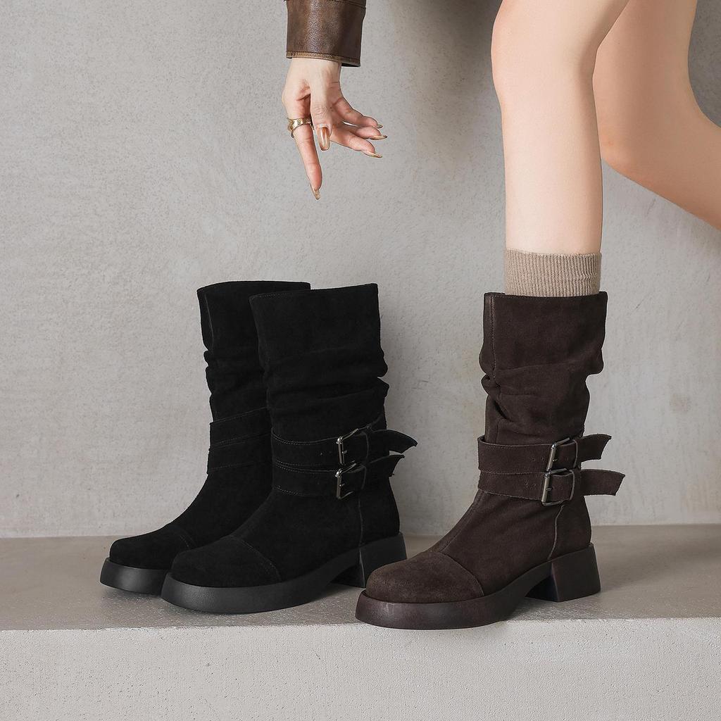 Krazing Pot Cow Suede Nubuck Winter Round Toe Modern Boots Med Heels Slip on Pleated Style Metal Buckle Mid-calf Boots