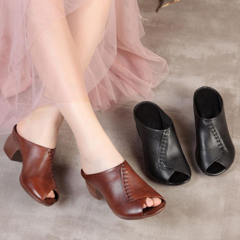 Fashion Original Design Women Sandals 2025,Fashion Summer Mid Heels,Peep toe Slippers Shoes,Microfiber Leather,BLACK,BROWN,Dropshipping