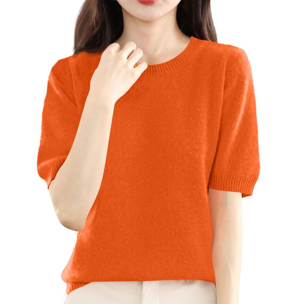 Dámská módní vlněná pletená halenka s polovičním rukávem a kulatým výstřihem, jednobarevná, spodní tričko, pletené tričko, top