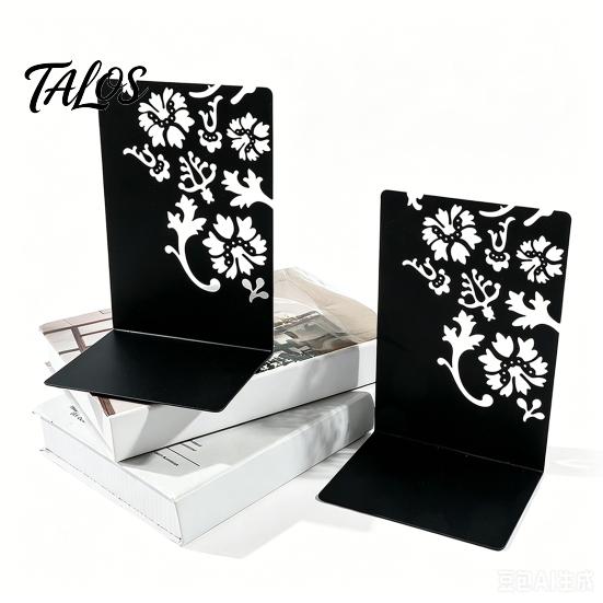 Compact Bookend 2PCS Metal Bookends, L-Shaped Reinforced Support Book Holder, with Non-Slip Large Capacity Holder Pads, Hollow Floral Design