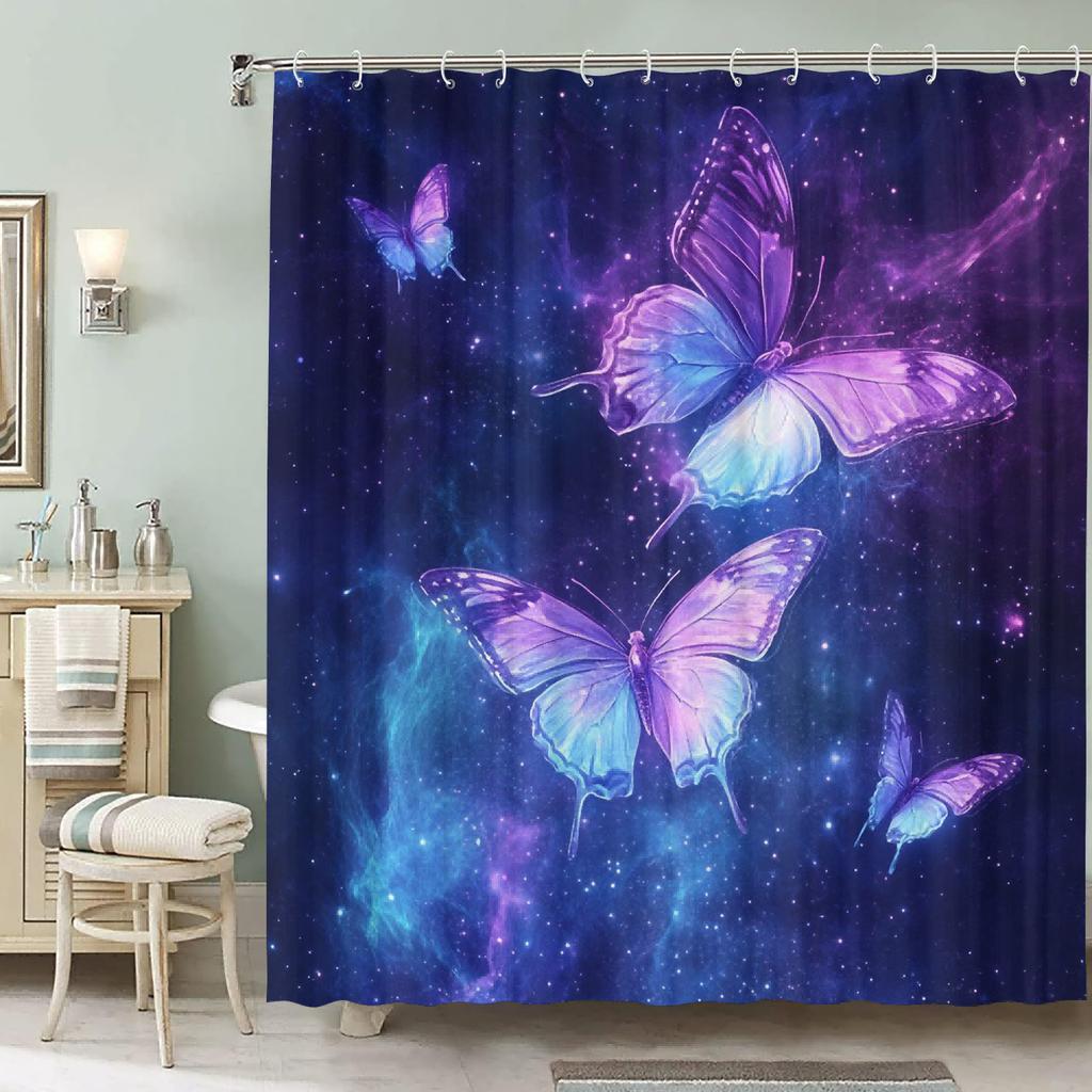 Waterproof Bathroom Curtain with Colorful Butterfly Pattern, Art Theme, with Hooks, Machine Washable, Non-woven Polyester Fabric