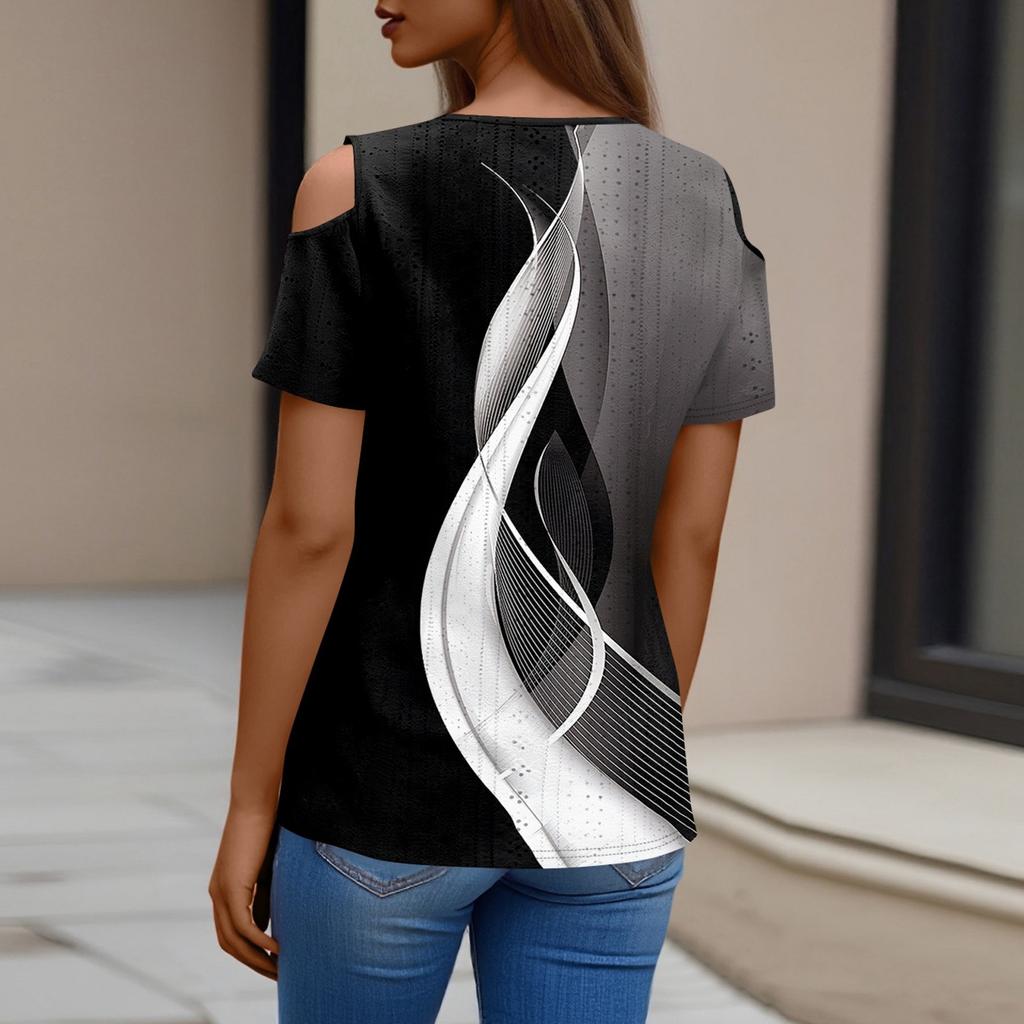 Sexy Cold Sholuder Tops For Women Summer Hollow Out Eyelet Short Sleeve Blouse Loose V Neck Tshirt Trendy Casual Tunics