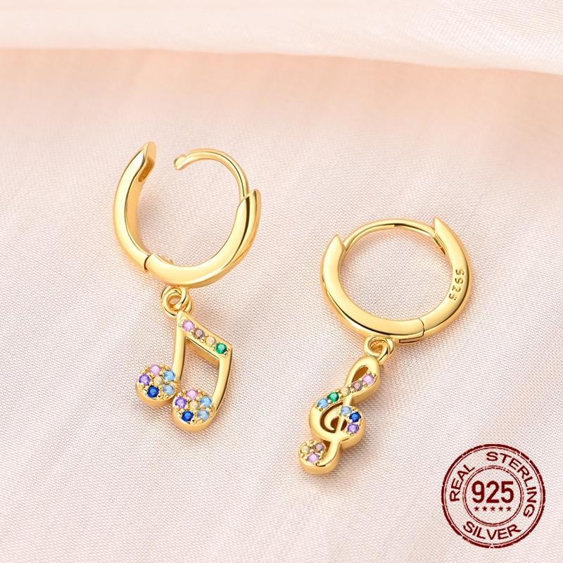 925 Sterling Silver Music Note & Treble Clef Drop Earrings Rainbow Multicolor CZ Huggie Hoop Earrings Jewelry Gift for Women