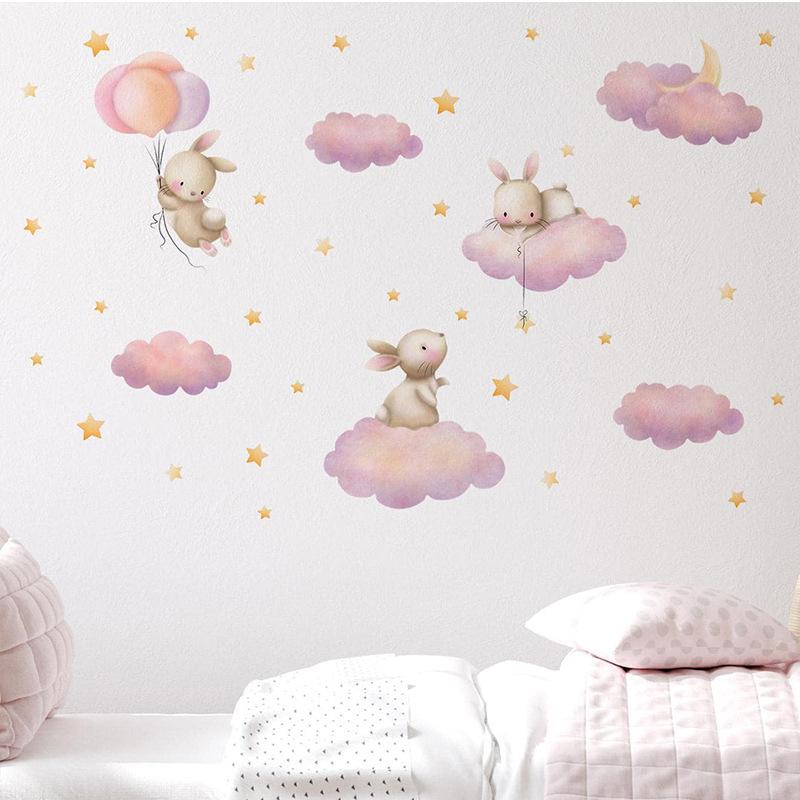 Kawaii Cartoon Pink Clouds Stars Watercolor Children Stickers Vinyl Nursery Wall Decals Kids Girls Baby Room Home Decor