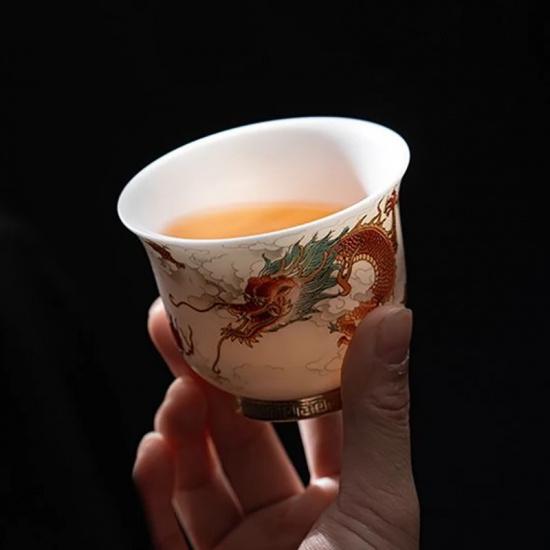 Sheep Fat Jade Porcelain Tea Set High End Personal Master Cups Dragon and Phoenix Pairs Counter Mouthed Cups