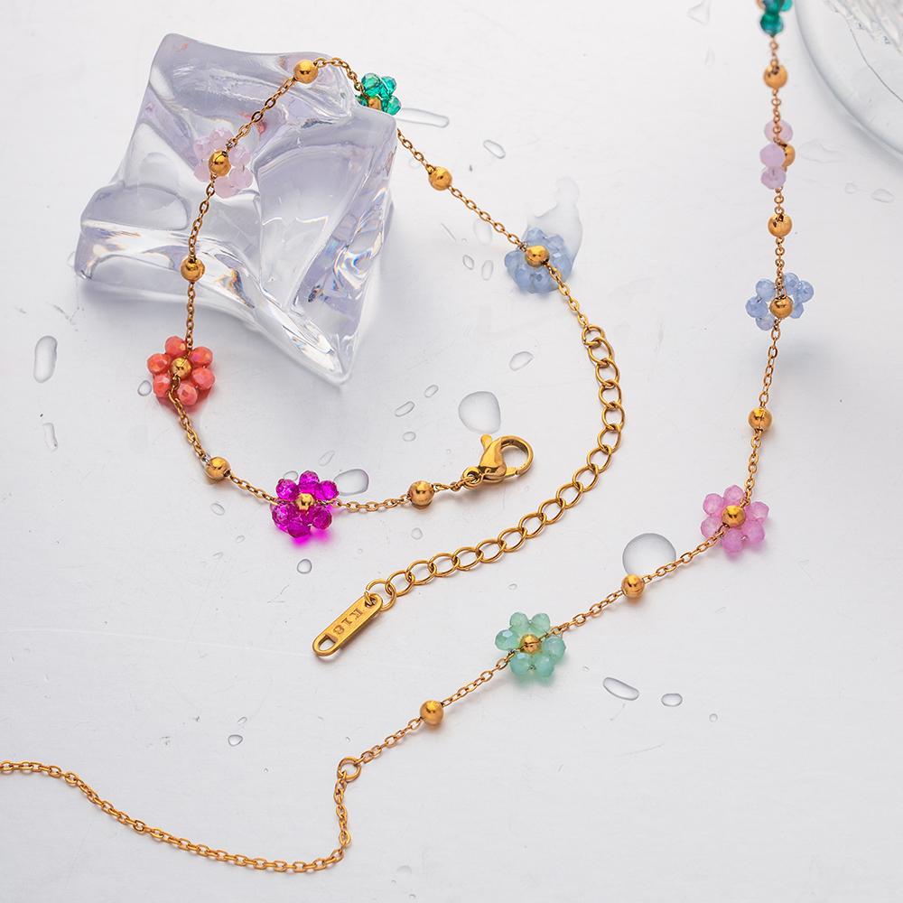  Fashion Cute Colorful Resin Daisy Floral Design Jewelry Stainless Steel Chain Necklace Bracelet Women Daily Wearing