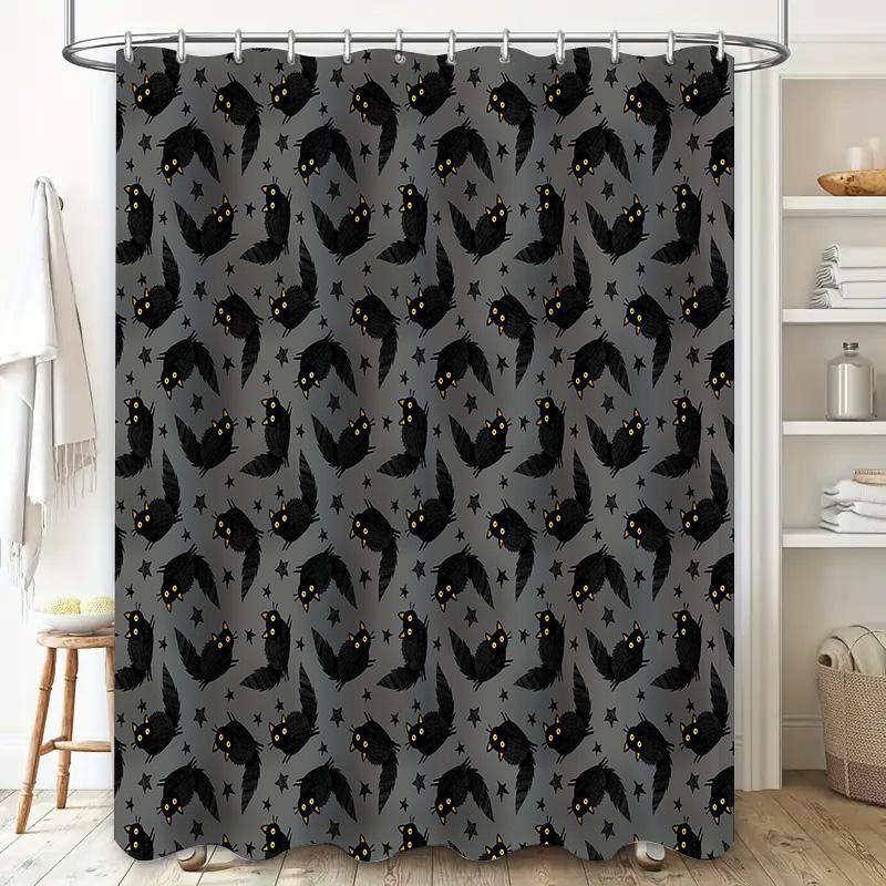 Black Cat Shower Curtain Spooky Halloween Decor Cute Kitten Bathroom Set Washable Waterproof Home Decor Artistic Pattern Modern