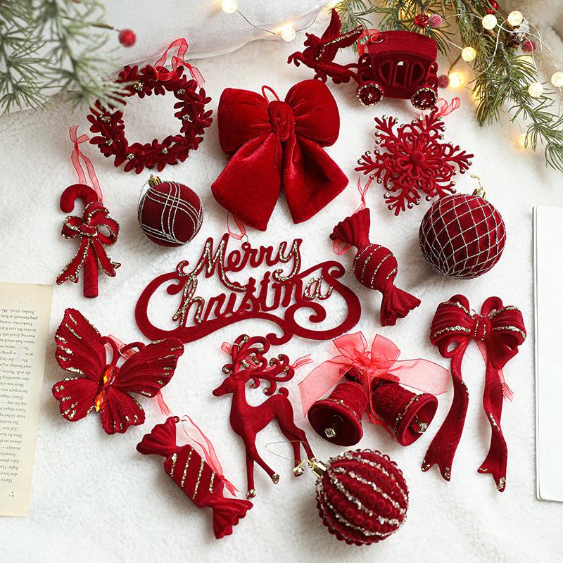 Christmas Red Flocking Bow Wreath Bell Christmas Tree Snowfall Elk Pendant Hanging Ornament Navidad 2025 Noel Home Party Decor