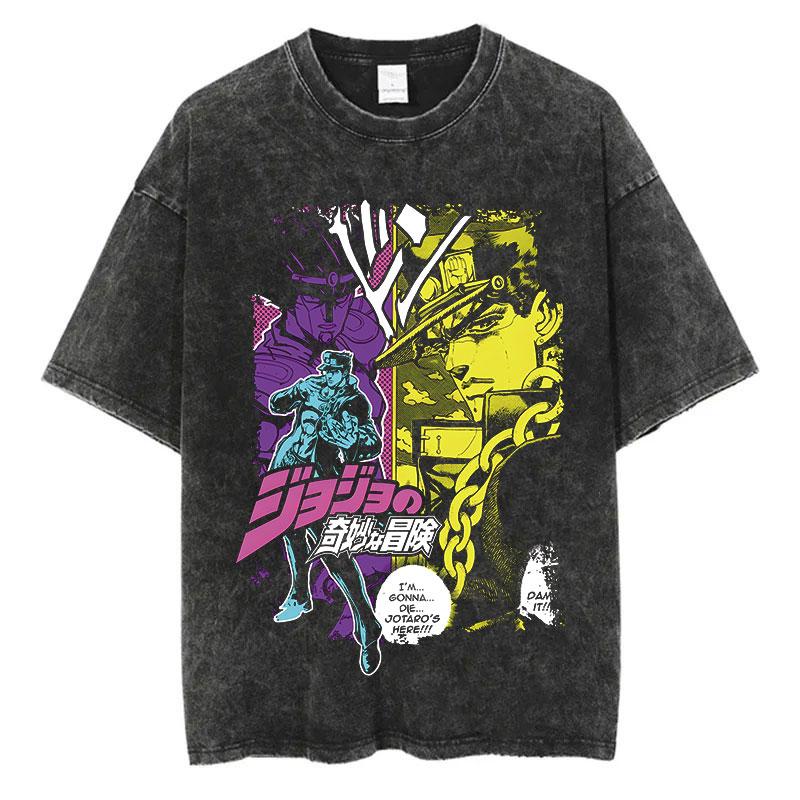 Vintage Washed TShirt Men Summer Hip Hop Streetwear T-shirt JoJo Bizarre Adventure Anime Print Cotton Casual Short Sleeve T-shirt Daily Wear Cool Top
