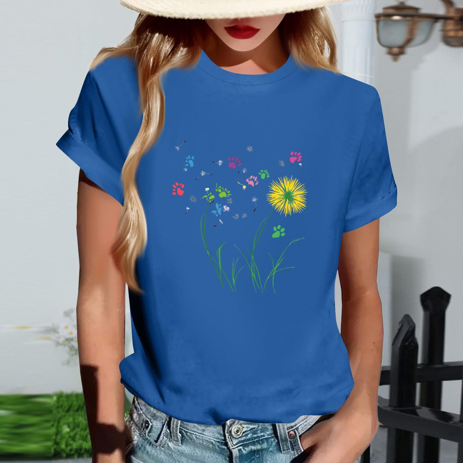 Women s Fashionable Round Neck Casual Retro Print Short Sleeved T-shirt Top L синий