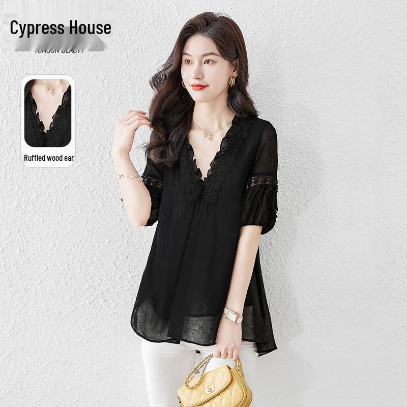 Sibaishai Women s Loose V-Neck Lace Patchwork Blouse S