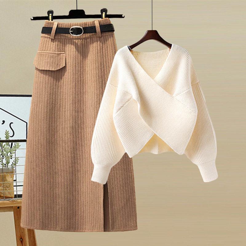 Women's Autumn Korean-Style Slimming Sweater and High-Waist Midi Skirt Set, G Size, 2025 Collection