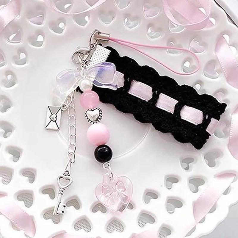 Dainty Lace Ribbon Keyring Cute Heart Pendant Keychain Colorful Beaded Phone Lanyard Multi-Functional Bags Hanging Accessories