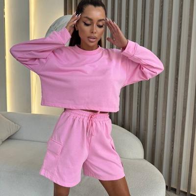 Womens Casual 2-Piece Set: Long Sleeve Hoodie 3/4 Length Shorts With Pocket Soft Cotton Blend Streetwear Style