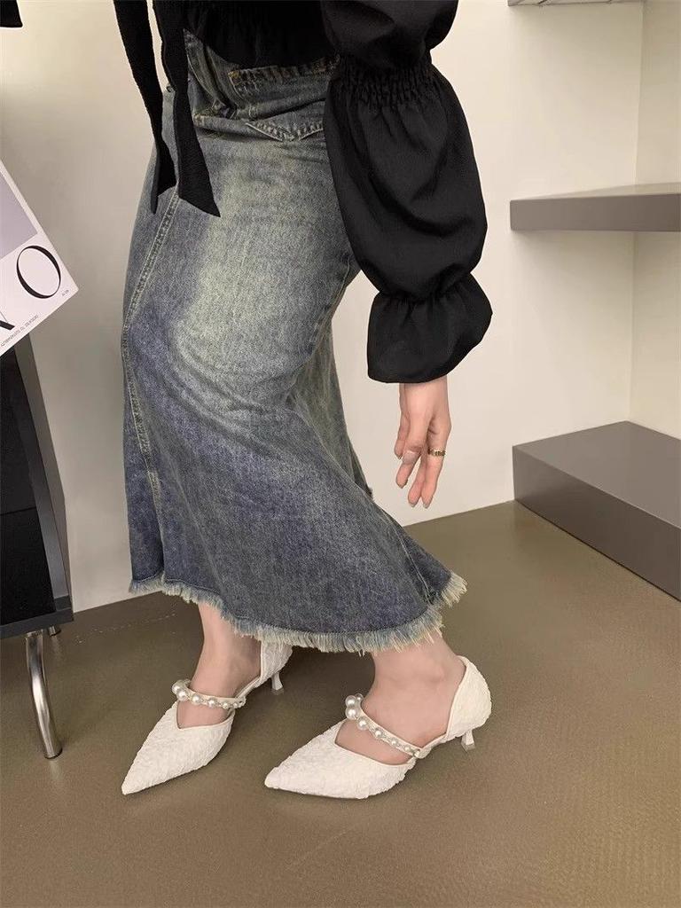 Fashion Stilito With Medium Heels Ladies Pumps Pearl Pointed Toe Women's Shoes 2025 Trend Popular Korean Style 39 Chic and Elegant Shoe