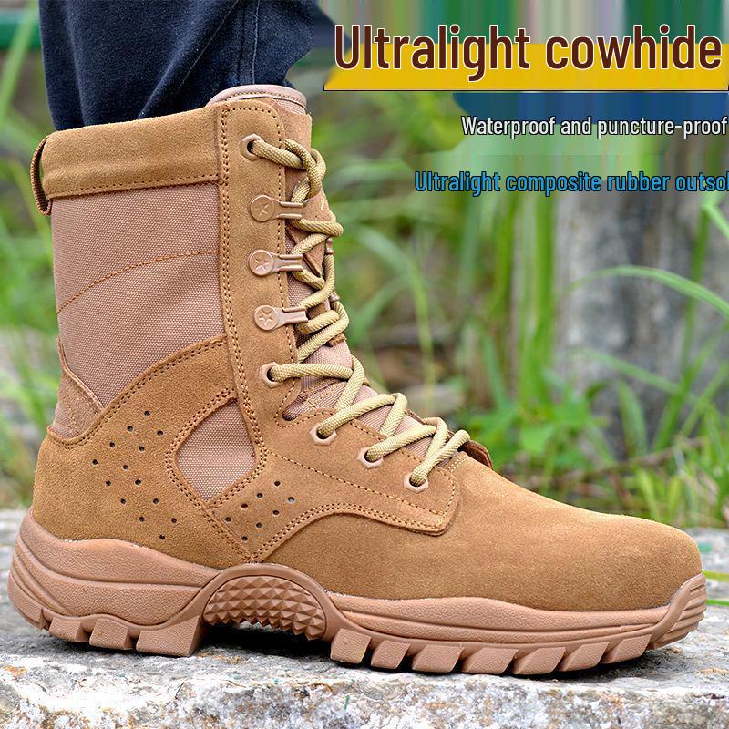 New Brown Combat Training Boots: Men's & Women's High-Top, Dustproof, Breathable Cowhide Outdoor Mountaineering Zipper Boots