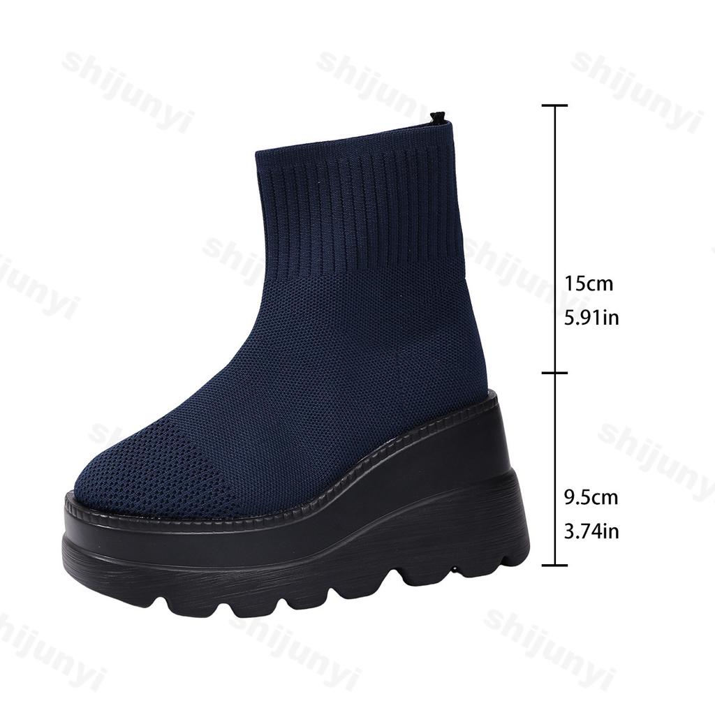 Mesh Breathable Wedge Heel Short Sock Boots for Women , Autumn New Fashion Versatile Comfortable Non Slip Chunky Ankle Boots