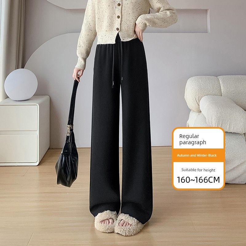 

Wool Narrow Wide-Leg Pants for Women 2025 New Winter Thickened High-Waisted Drapey Plus-Size Fleece-Lined Slimming Casual Pants Autumn Style-Black-Regular Style M