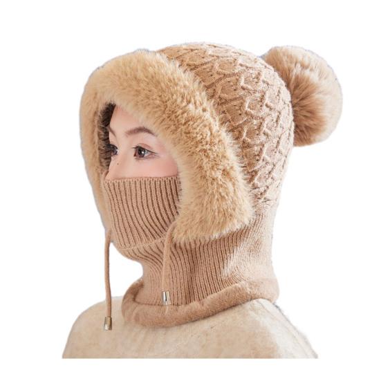 Knitting Hat Women Windproof Insulated Design Winter Hat with Plush Ball Unique Texture 3-in-1 Thickened Hat Face Guard Scarf