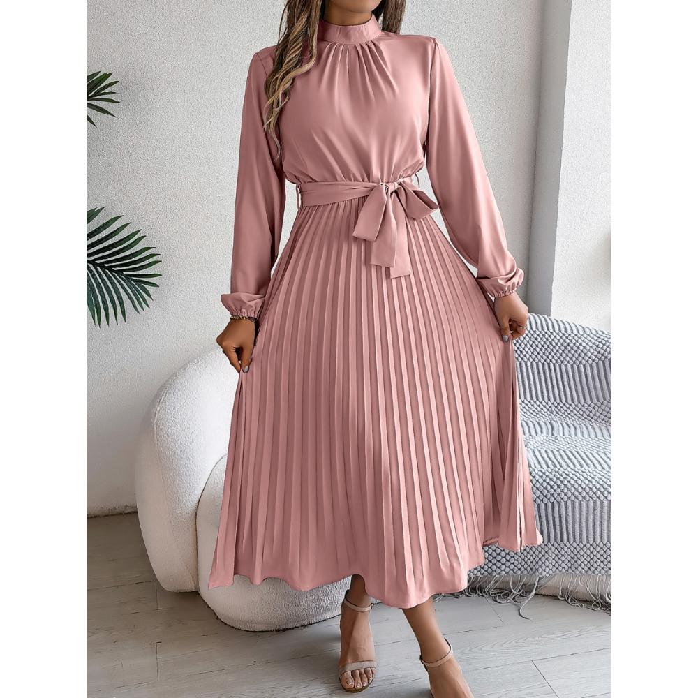Herbst und Winter Elegantes Stehkragen Langarm Taille Falten Langer Rock Kleid